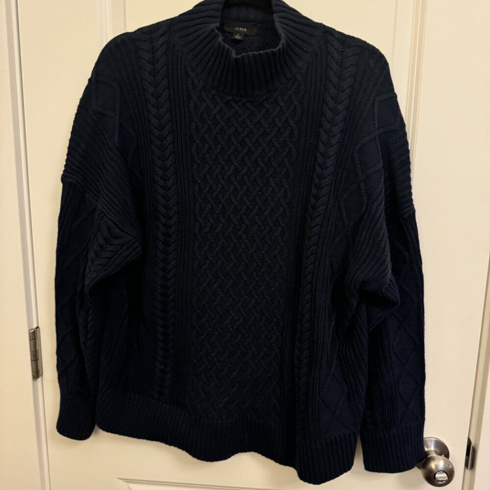 J Crew Mock Neck, Cable Knit Sweater (Size: L; Color: Navy)